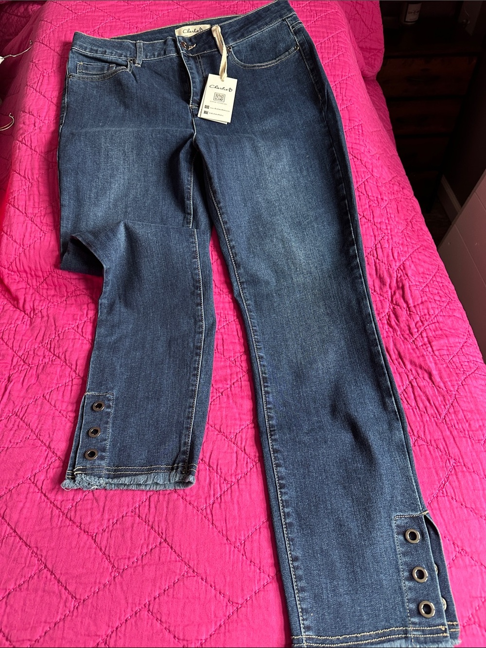CHARLIE B Dark Blue Cropped Anklet Jeans with Grommet Hem